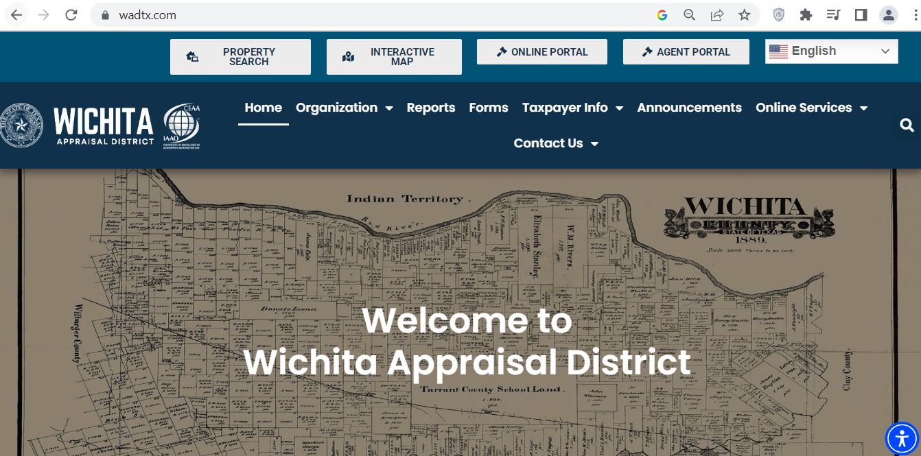 Official Wichita Appraisal District homepage showing Property Search, Interactive Map, Online Portal and Agent Portal buttons