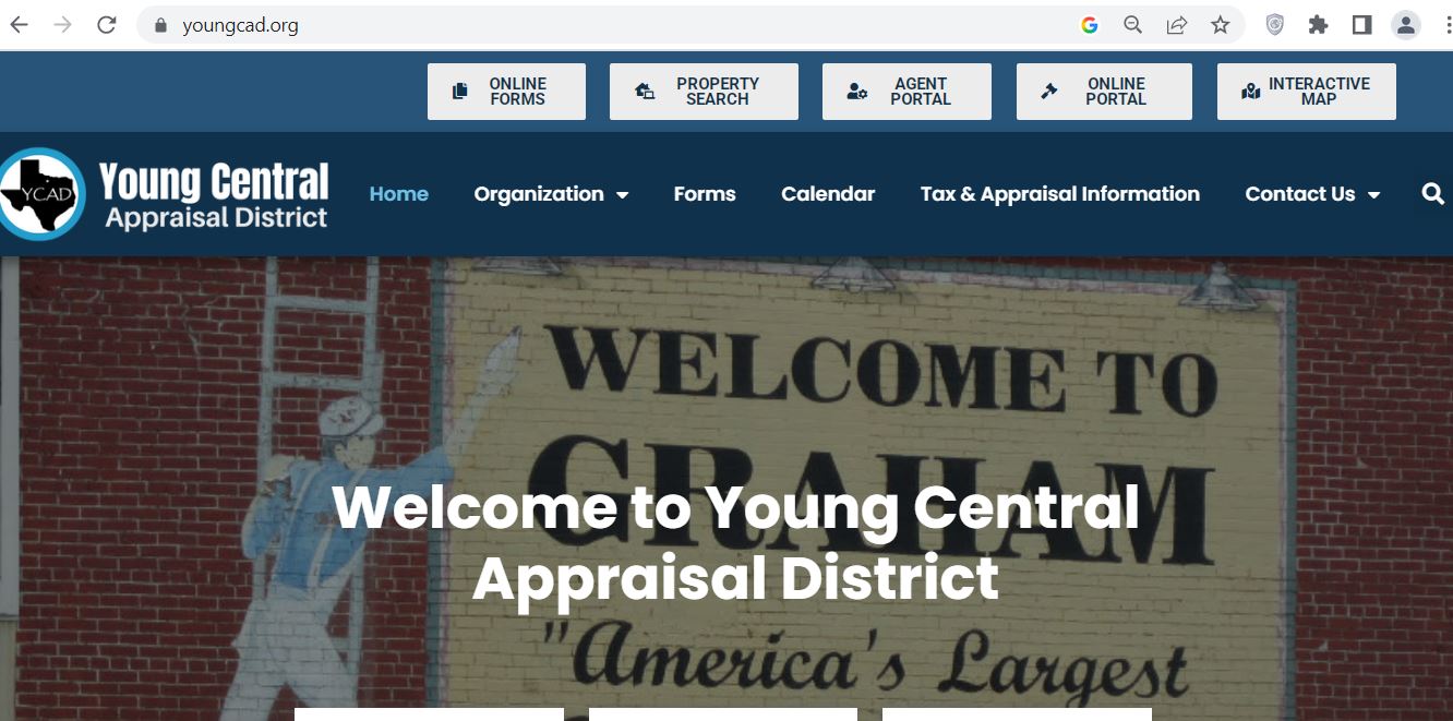 Official Young Central Appraisal District homepage showing Online Forms, Property Search, Agent Portal, Online Portal and Interactive Map