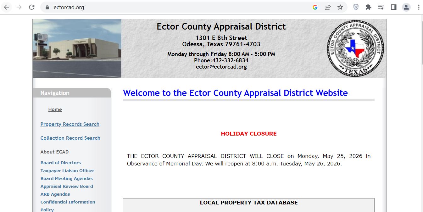 Ector County CAD 2026 property search appraisal records tax collection forms GIS and protest website